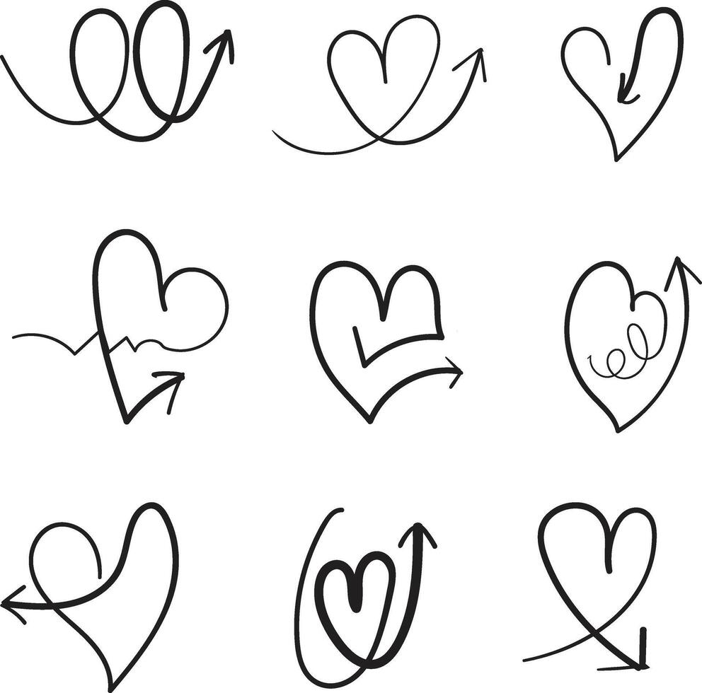Vector illustration isolated on white background.  Set of hand drawn arrows.