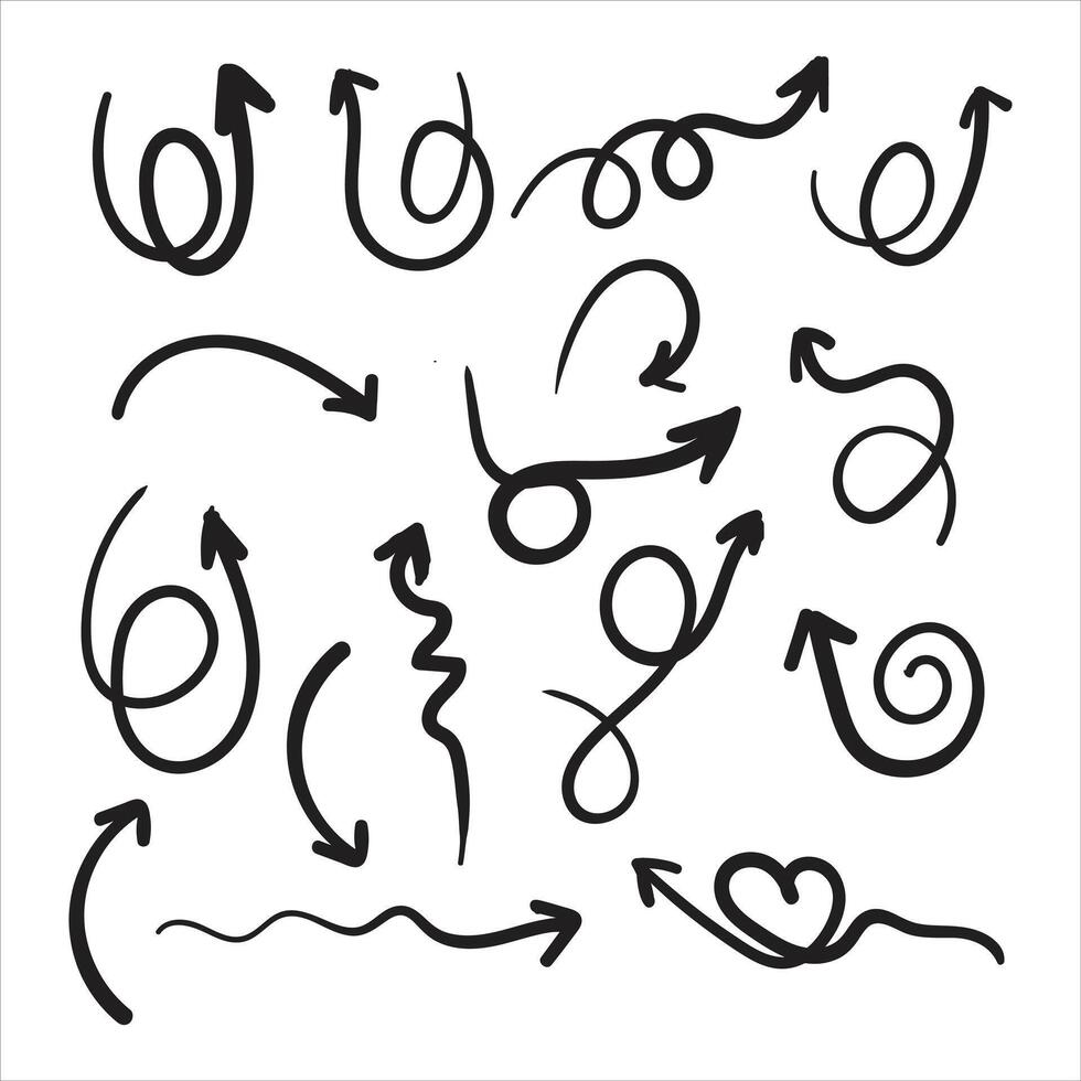 Hand drawn arrows. Set of hand drawn arrows. Vector illustration. Set of hand drawn arrows.