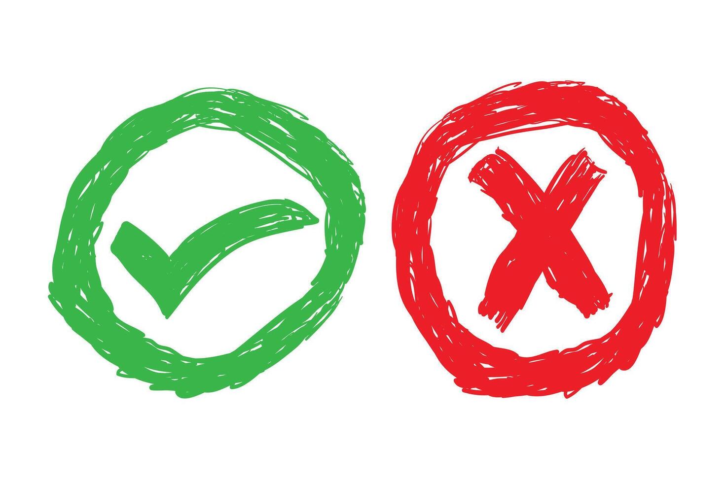 mano dibujado verde marca de verificación y rojo cruzar aislado en blanco antecedentes vector ilustración.