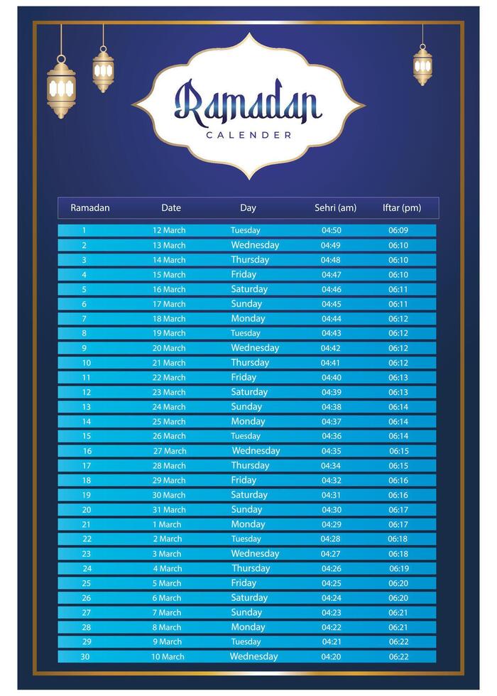 Ramadán calendario 2024 con oración veces en Ramadán. Ramadán calendario vector diseño