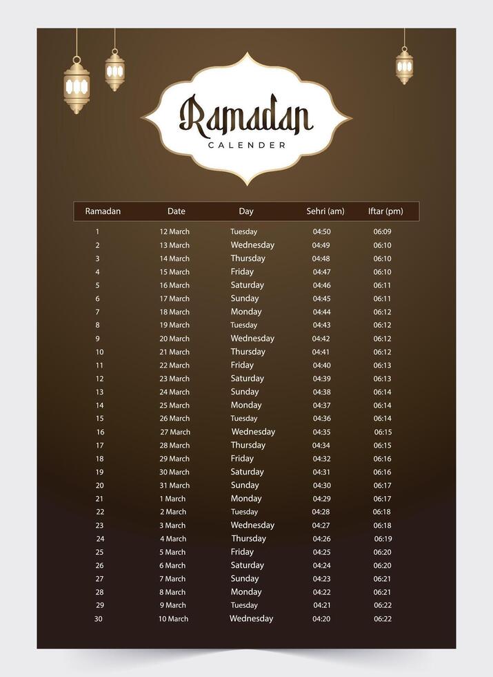 Ramadán calendario 2024 con oración veces en Ramadán. Ramadán calendario vector diseño