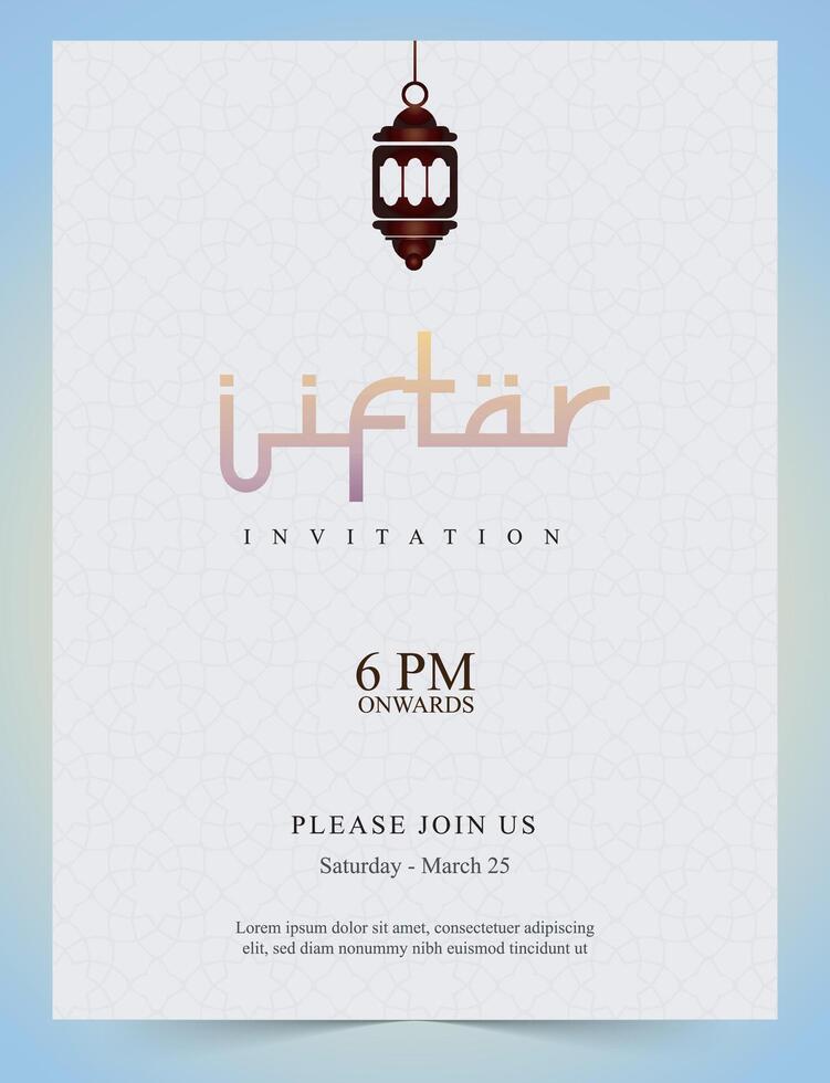 Iftar invitation card for Ramadan Kareem on Islamic vector background