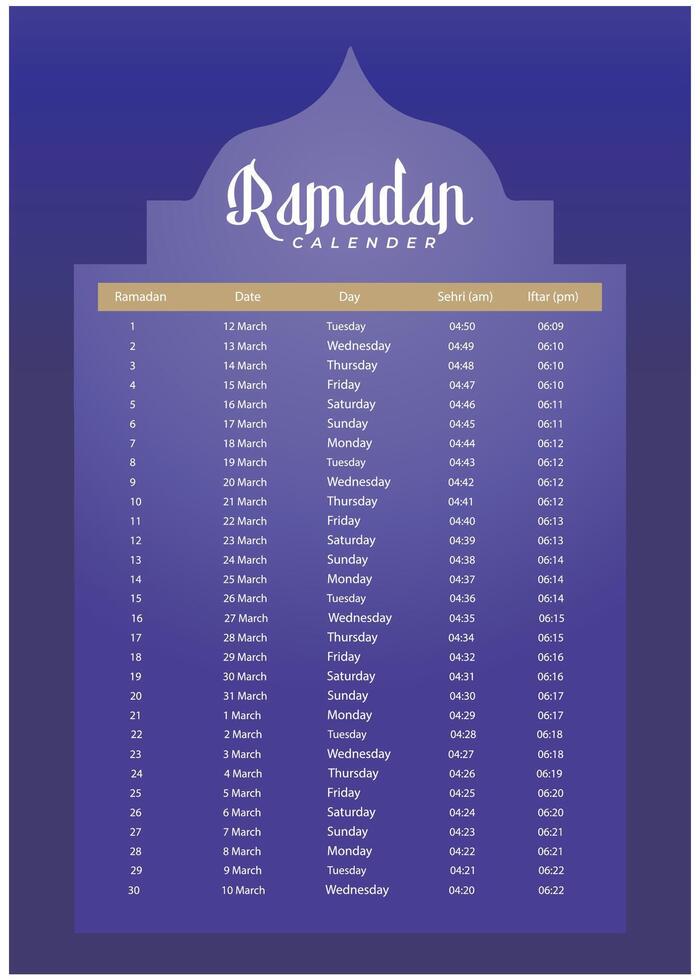 Ramadan Calendar 2024 With Prayer times in Ramadan. Ramadan Schedule vector design