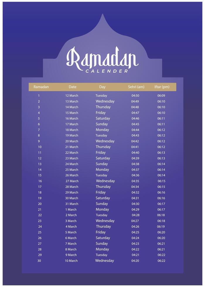 Ramadán calendario 2024 con oración veces en Ramadán. Ramadán calendario vector diseño