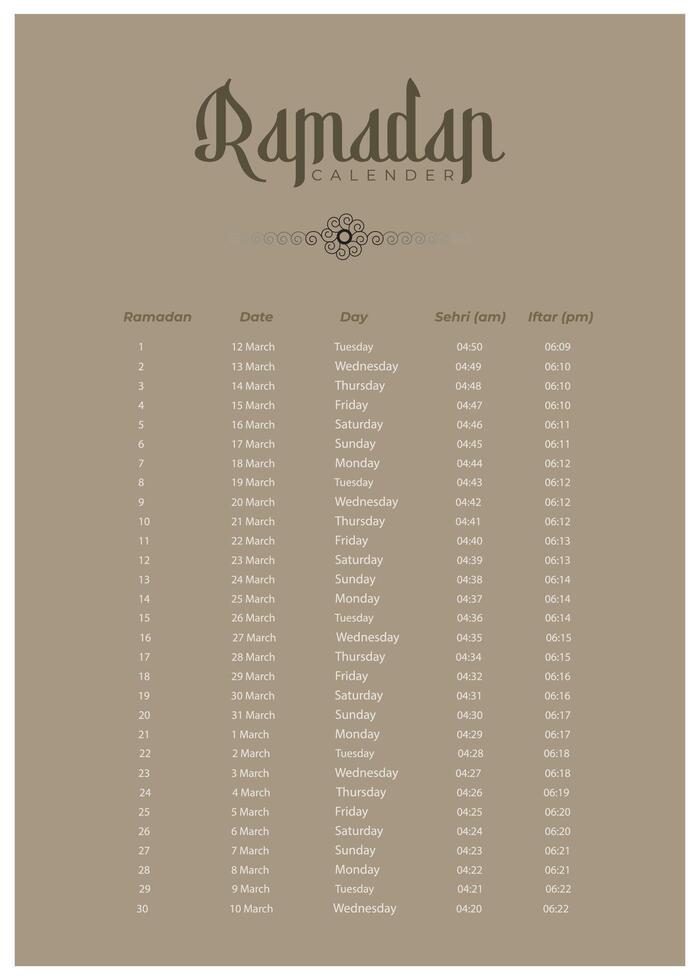 Ramadán calendario 2024 con oración veces en Ramadán. Ramadán calendario vector diseño