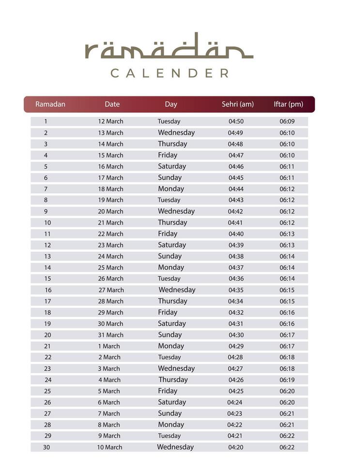 Ramadan Calendar 2024 With Prayer times in Ramadan. Ramadan Schedule