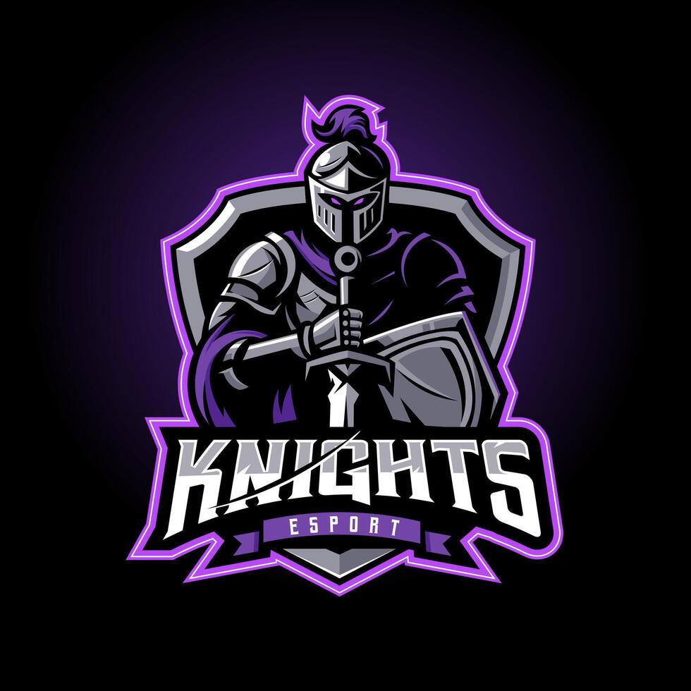 Knight esport game logo design illustration vector. knights holding sword and shield for sport logos vector