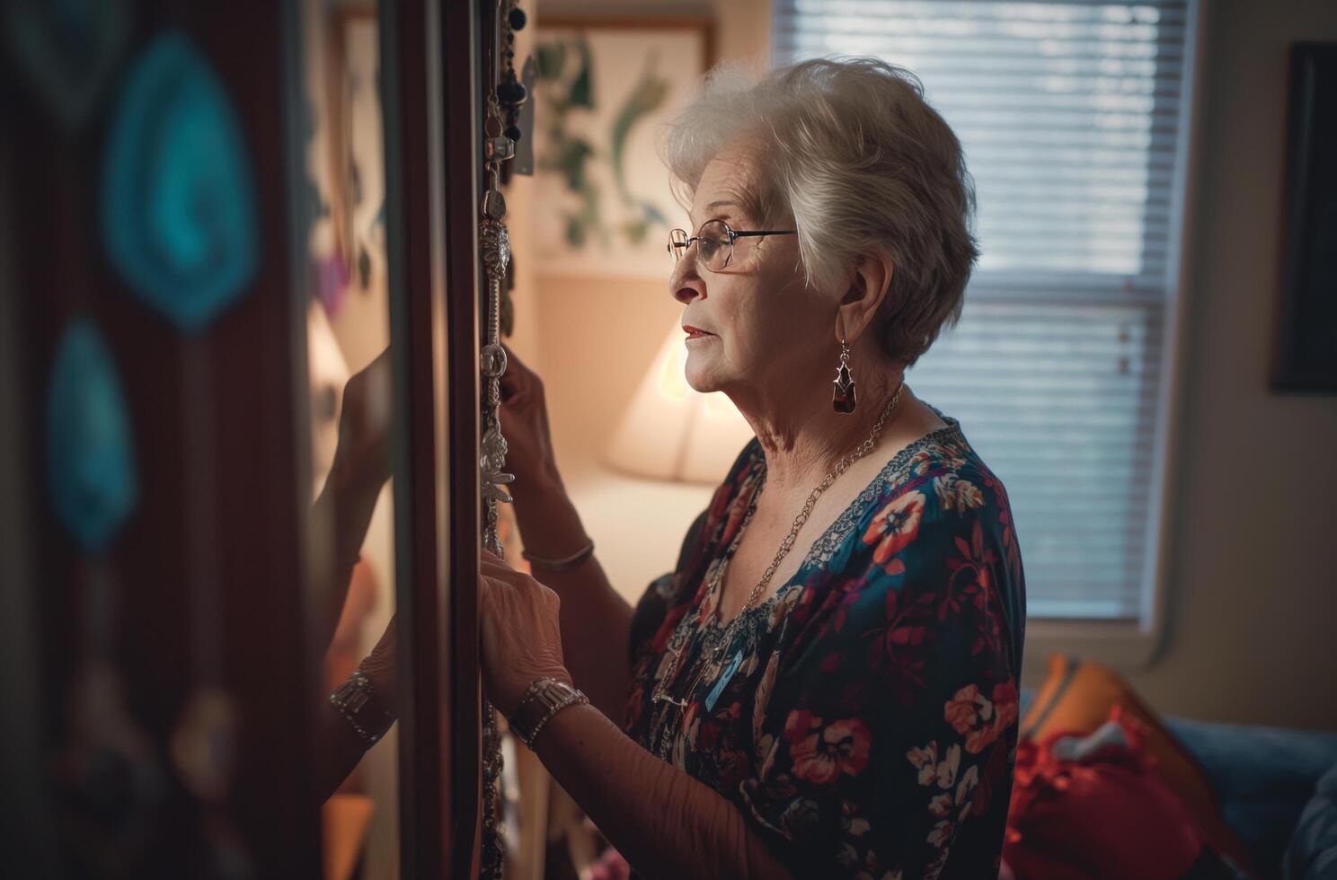 AI generated Elderly woman reviewing jewelry photo
