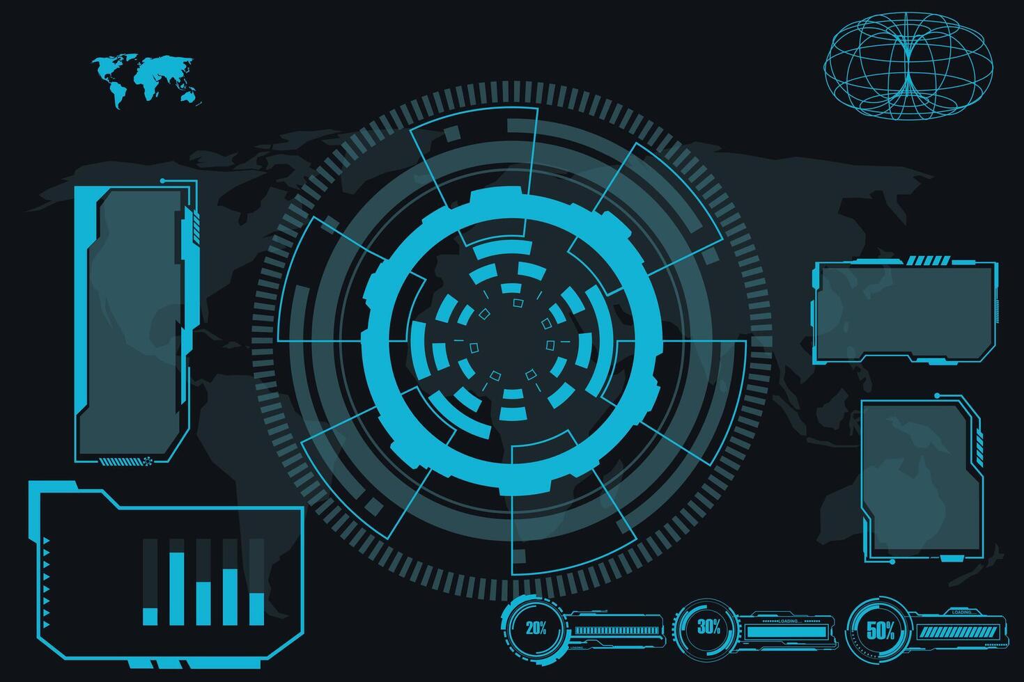 digital interface HUD elements set pack. User Interface, frame screens. Callouts titles, FUI circle set, Loading bars. Dashboard reality technology screen. Vector