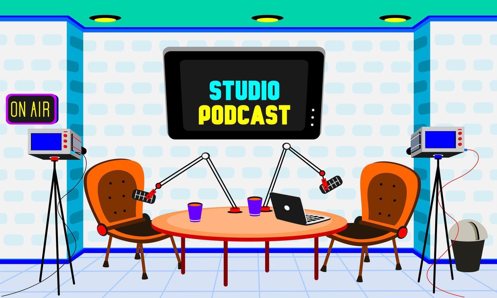 Podcast and broadcast studio room for making content vector design background