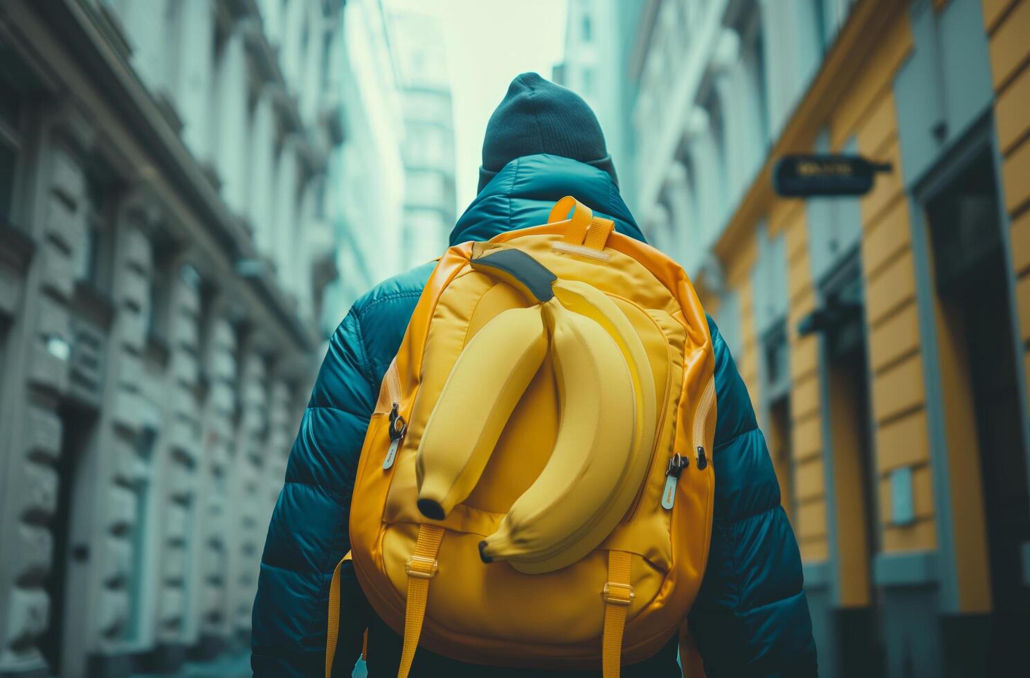 AI generated Urban traveler with banana backpack photo