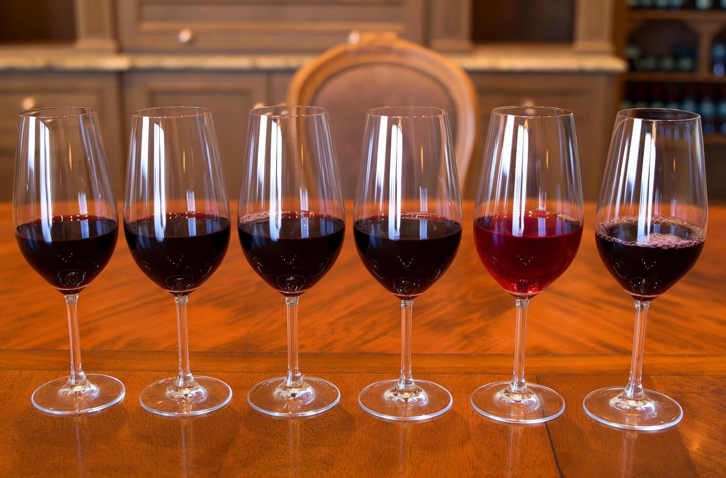 AI generated Glasses of red wine in a row photo