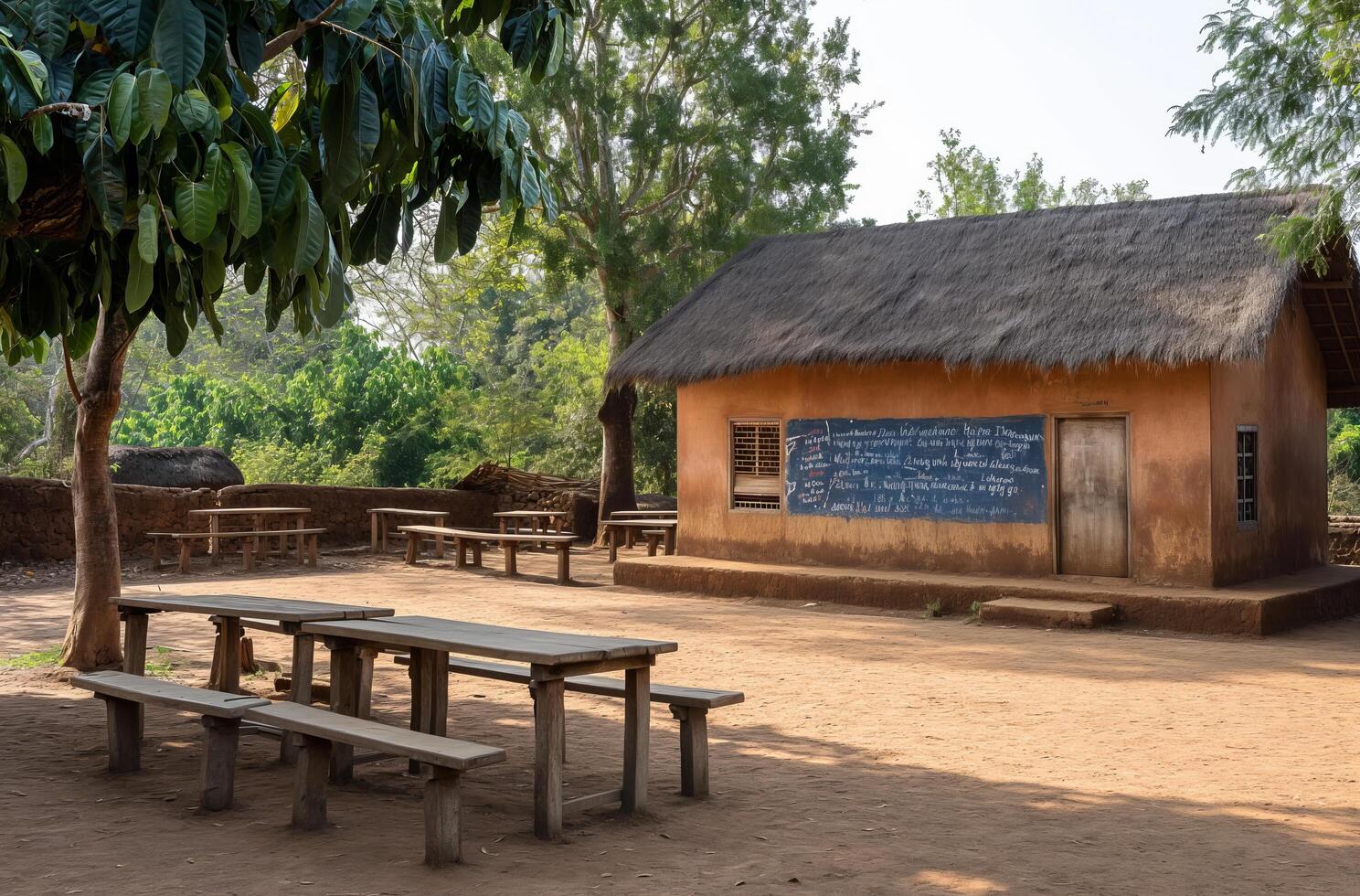 AI generated Rural African schoolhouse with outdoor benches photo