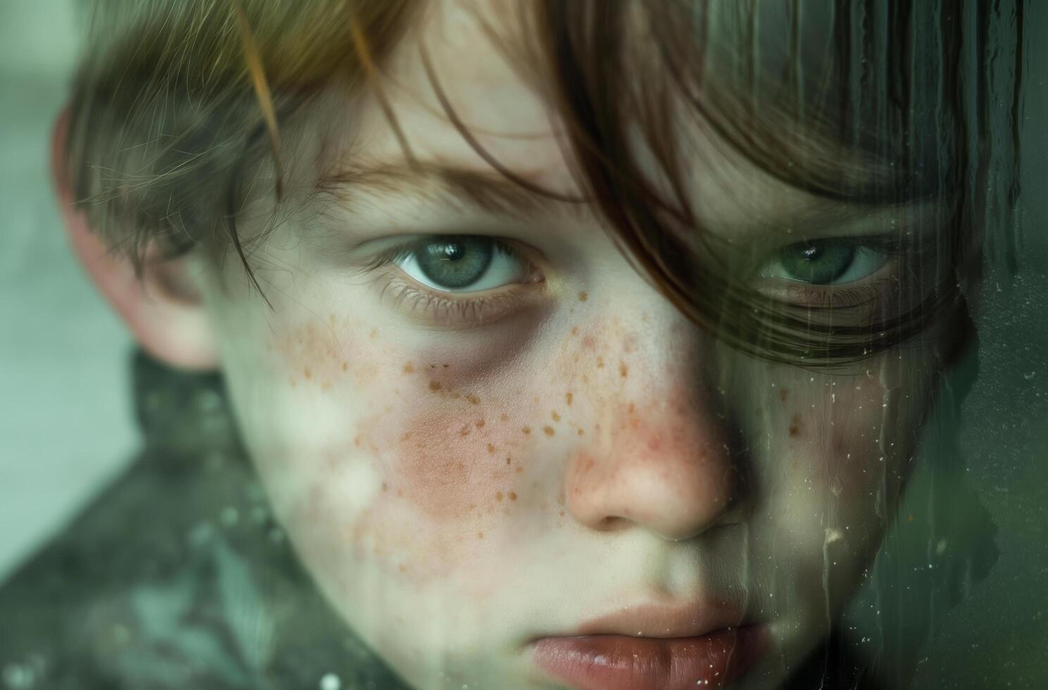 AI generated Freckled boy at a wet window photo