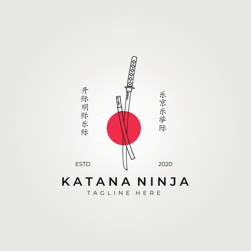 katana ninja line art logo vector vintage illustration design, with red dot japanese emblem