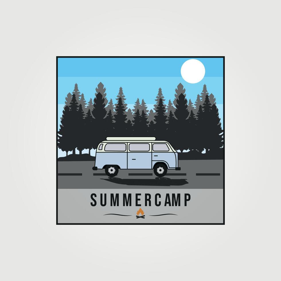 adventure summer camp with camper van logo vector vintage illustration design, template