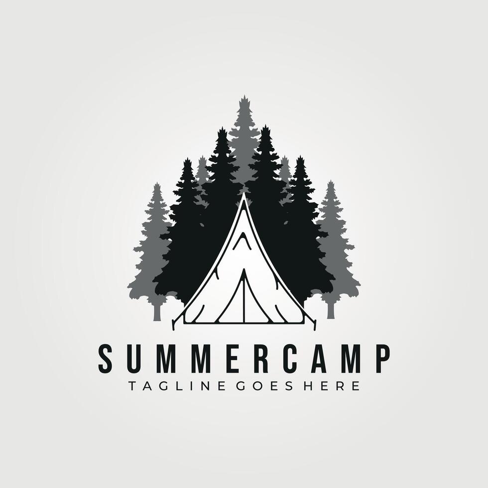 summer camp logo line art  vector vintage illustration design, template icon camping outdoors