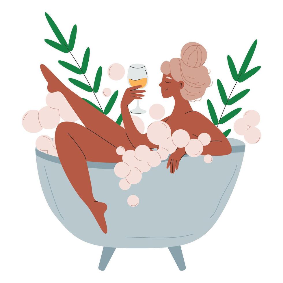 Dark skinned girl takes a bubble bath with a glass of wine. Relaxation, spa, body care. Self care concept. Vector flat illustration for website or app