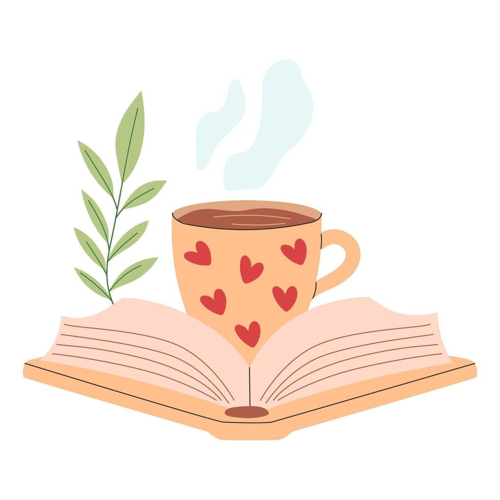 abierto libro, un taza de calentar té y un planta. libro leyendo concepto. acogedor leyendo a hogar o en el biblioteca. vector plano ilustración para sitio web o aplicación