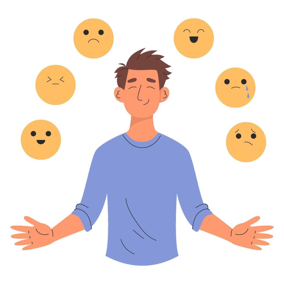 emocional inteligencia, equilibrar de ansiedad y felicidad. emociones, estado animico control. hombre con diferente emojis vector plano ilustración para sitio web o aplicación