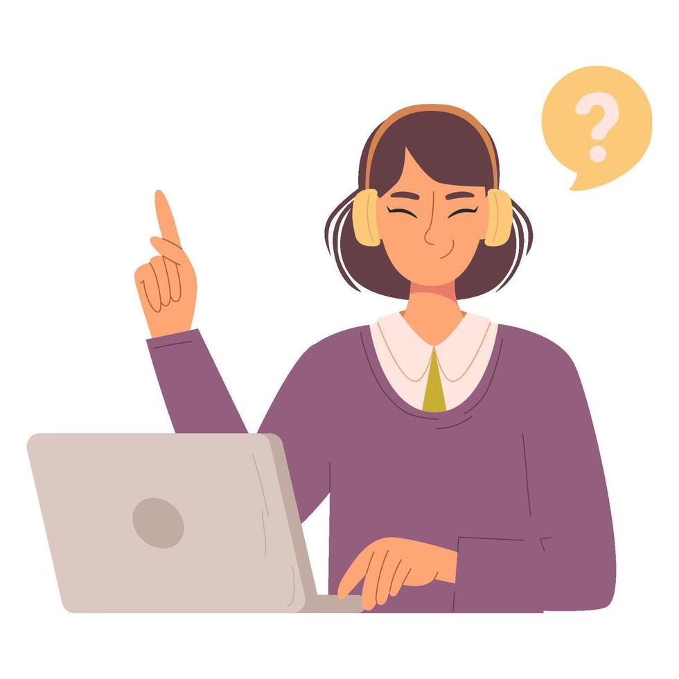Young girl in headphones with laptop. Customer service concept. Customer service, hotline operator advises customer. Vector flat illustration for website or app
