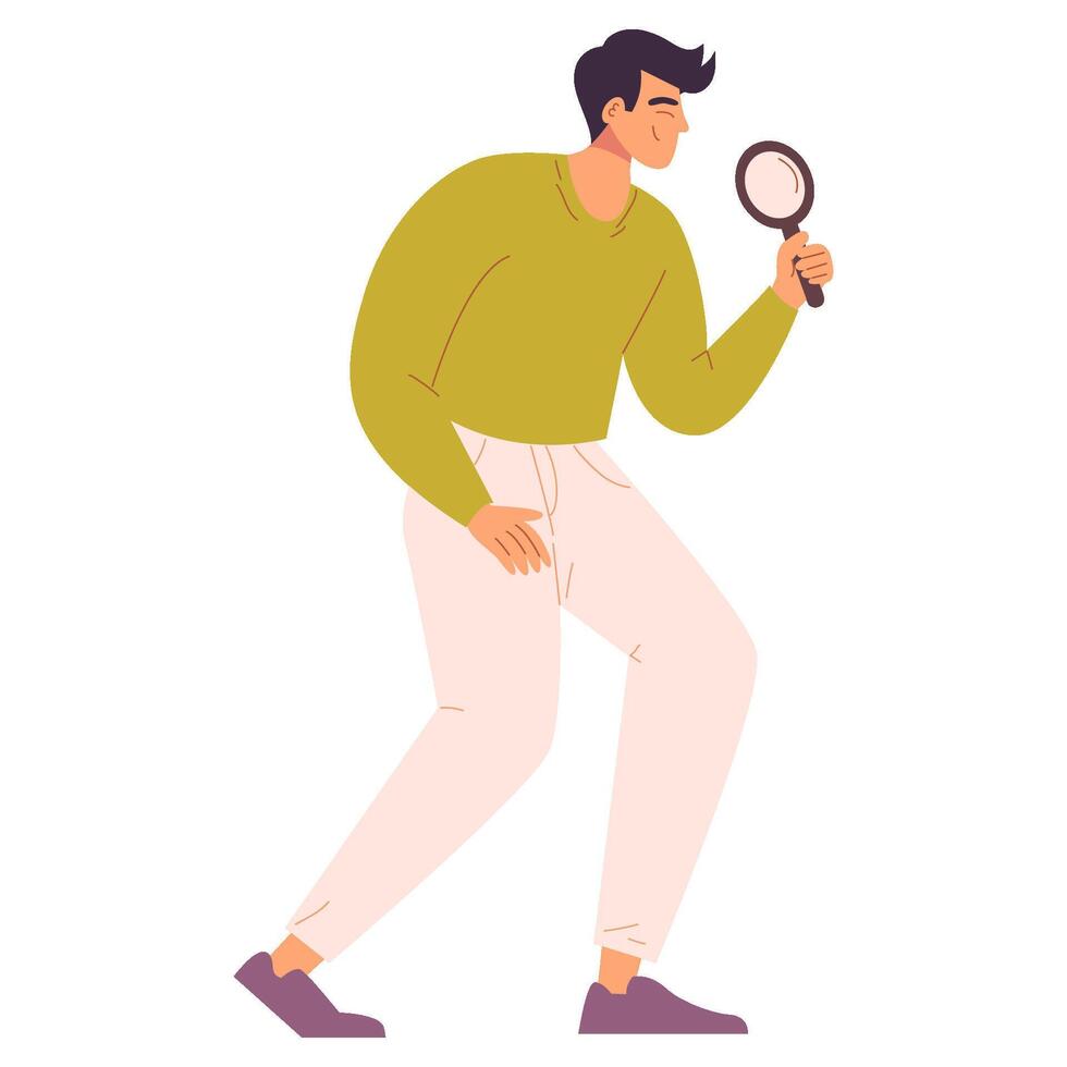 A man is holding a magnifying glass. Concept of Information Research, Frequently Asked Questions, Query, Investigation, Man Looking Through Magnifier. Vector flat illustration for website or app