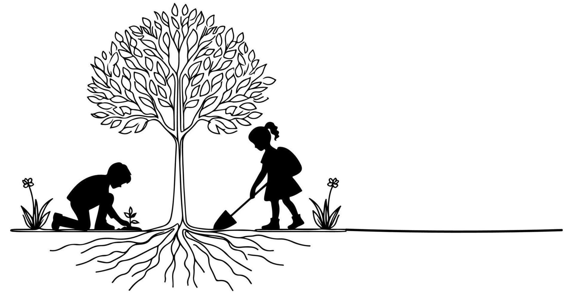 Continuous one black line art drawing Silhouette of children planting tree. Shovel digs roots plant into ground to save the world and earth day reduce global warming growth vector