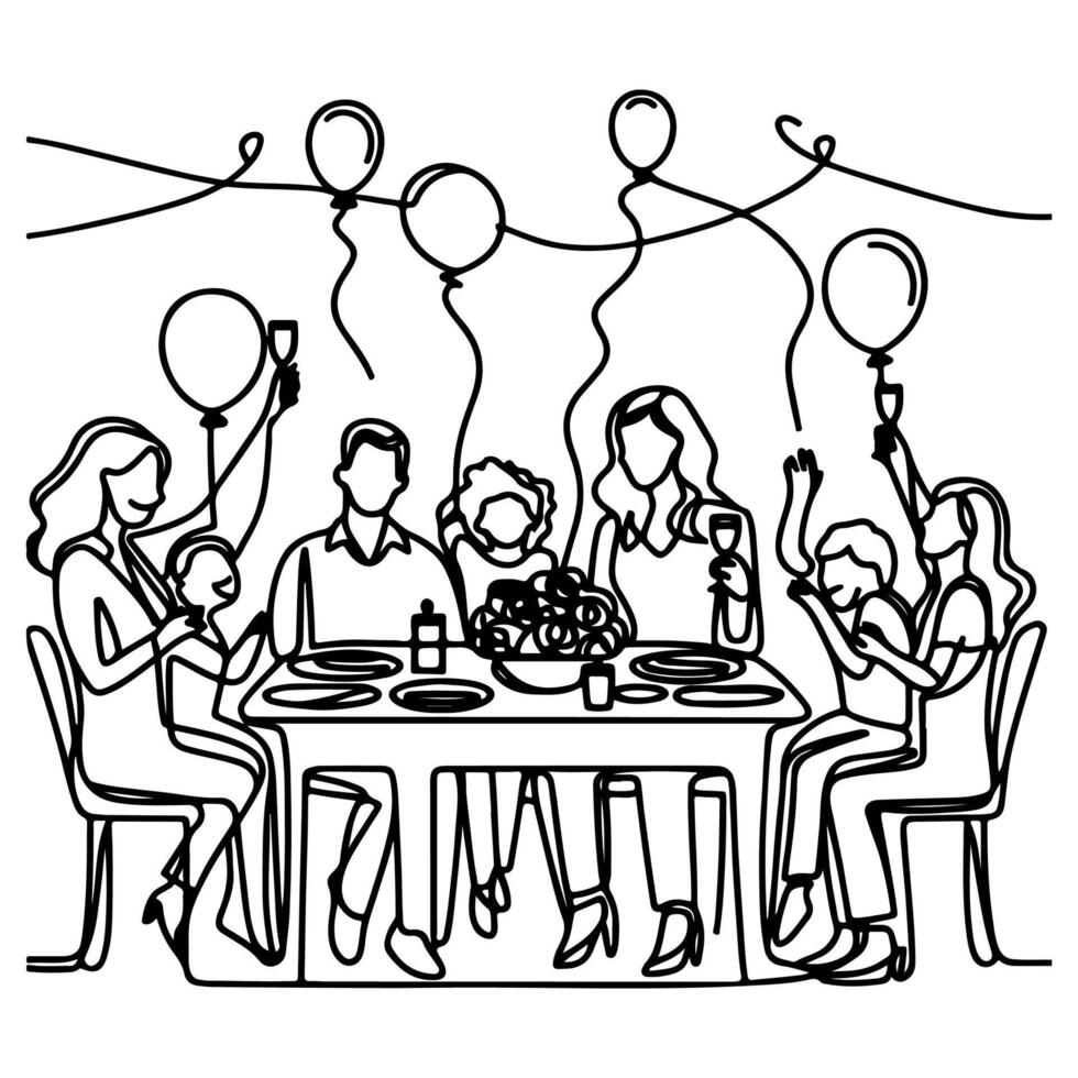 single continuous drawing black line family dinner sitting at table to celebration anniversary happy birthday party doodles vector