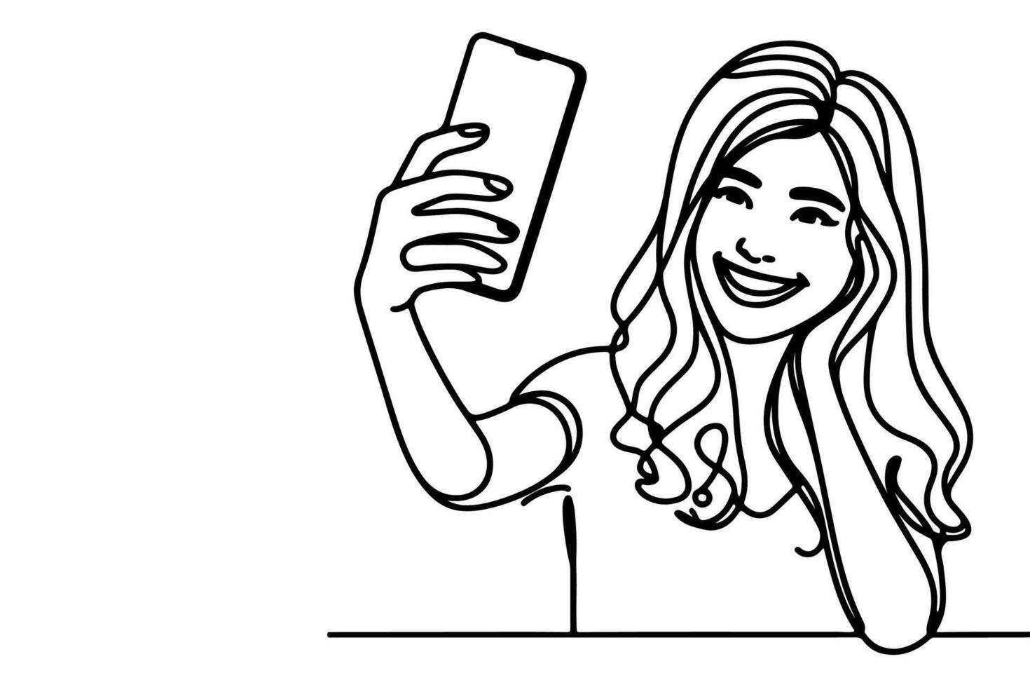 continuous one black line art drawing cheerful young girl holding smartphone to taking acting selfie or video call through mobile phone outline doodle vector family travel concept