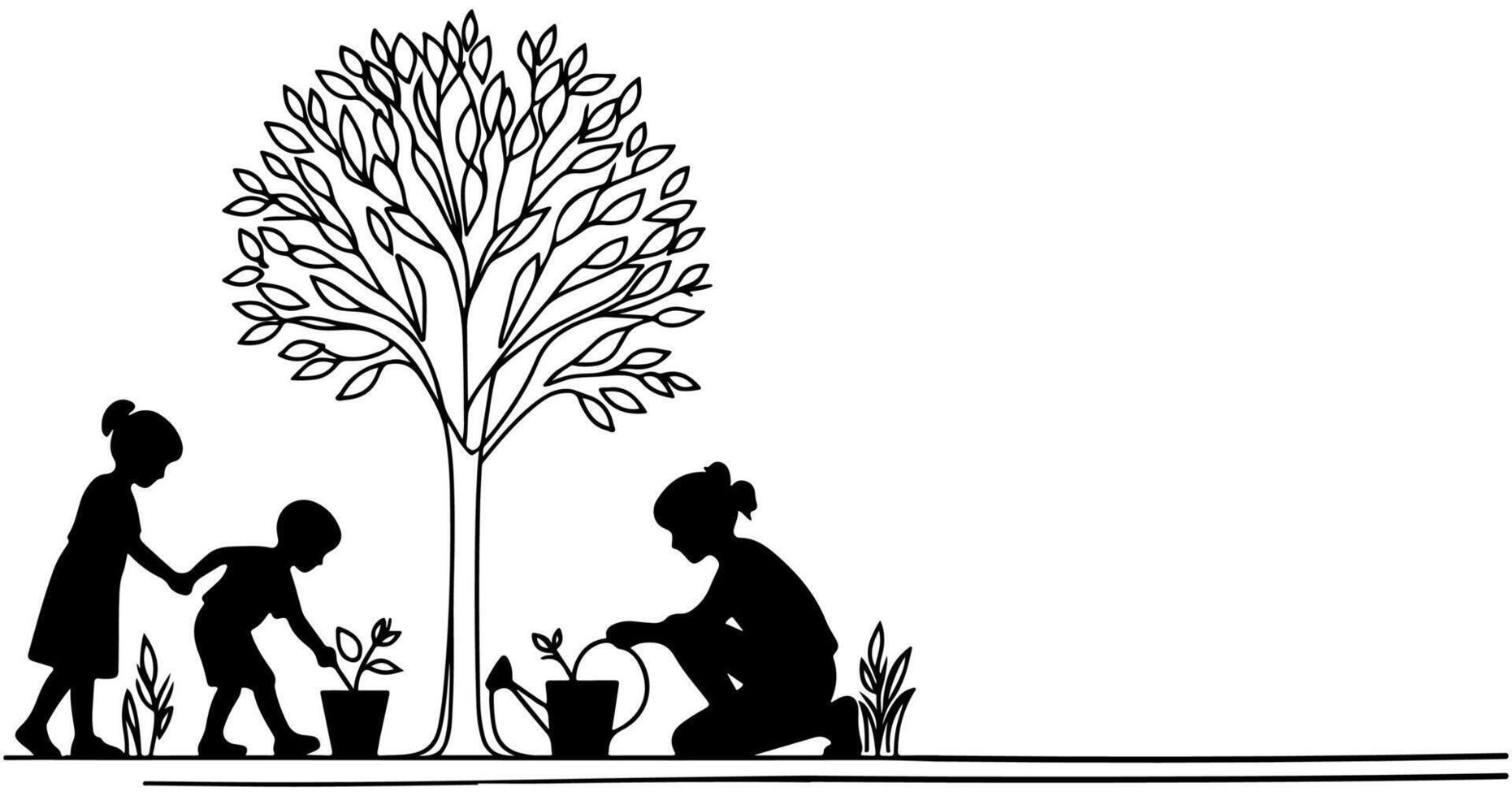 continuo uno negro línea Arte dibujo silueta de niños riego un árbol. plantando árbol a salvar el mundo y tierra día reducir global calentamiento crecimiento concepto vector ilustración en blanco antecedentes