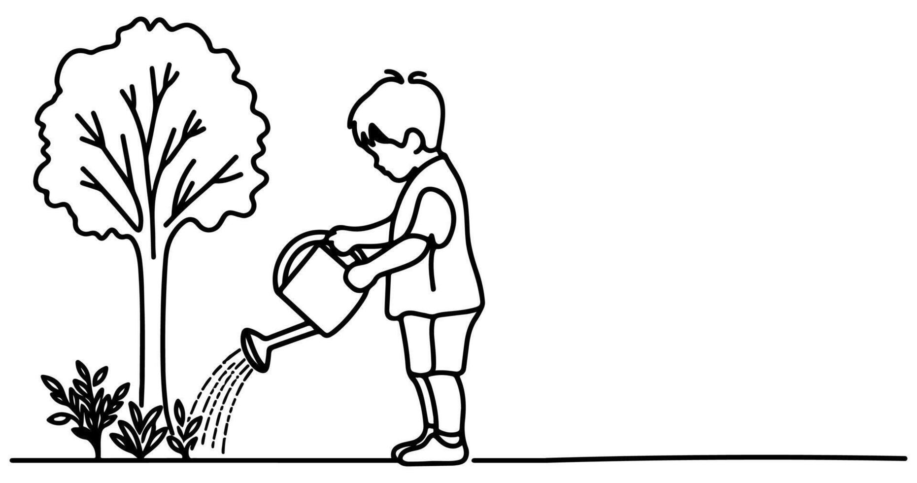 Continuous one black line art drawing Silhouette of children watering a tree. planting tree to save the world and earth day reduce global warming growth concept vector illustration on white background