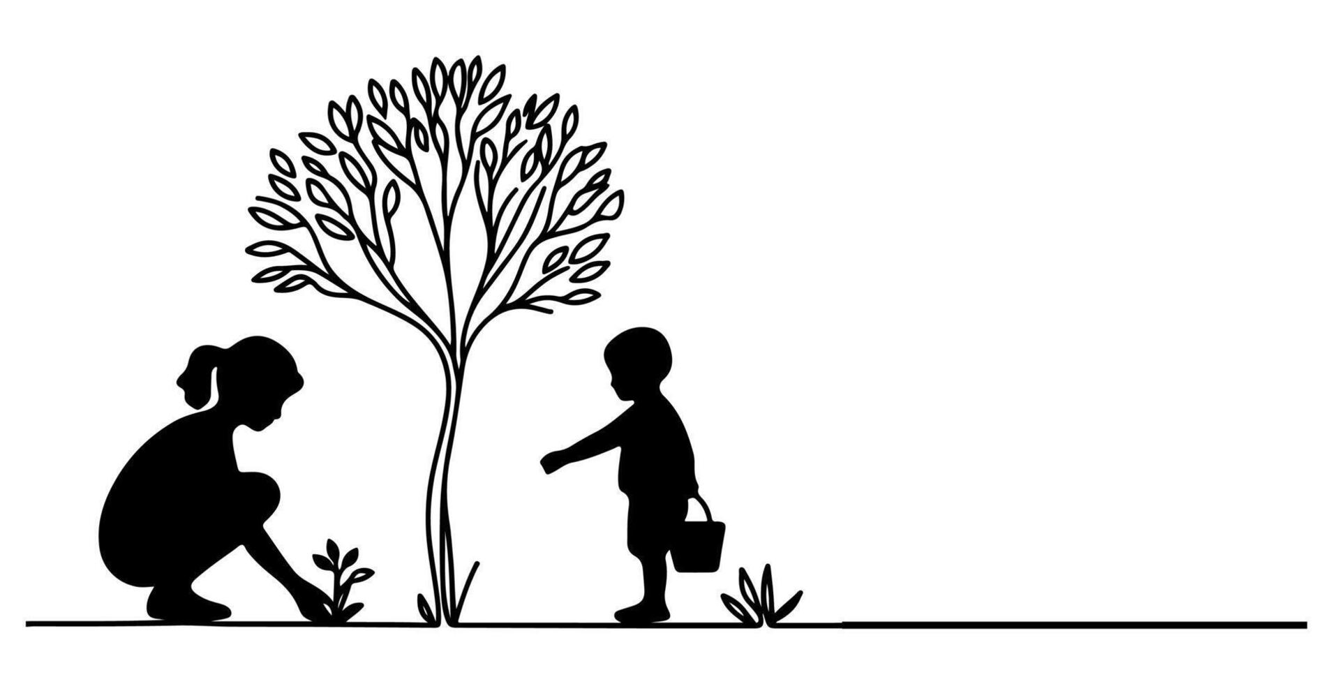 Continuous one black line art drawing Silhouette of children planting tree. Shovel digs roots plant into ground to save the world and earth day reduce global warming growth vector