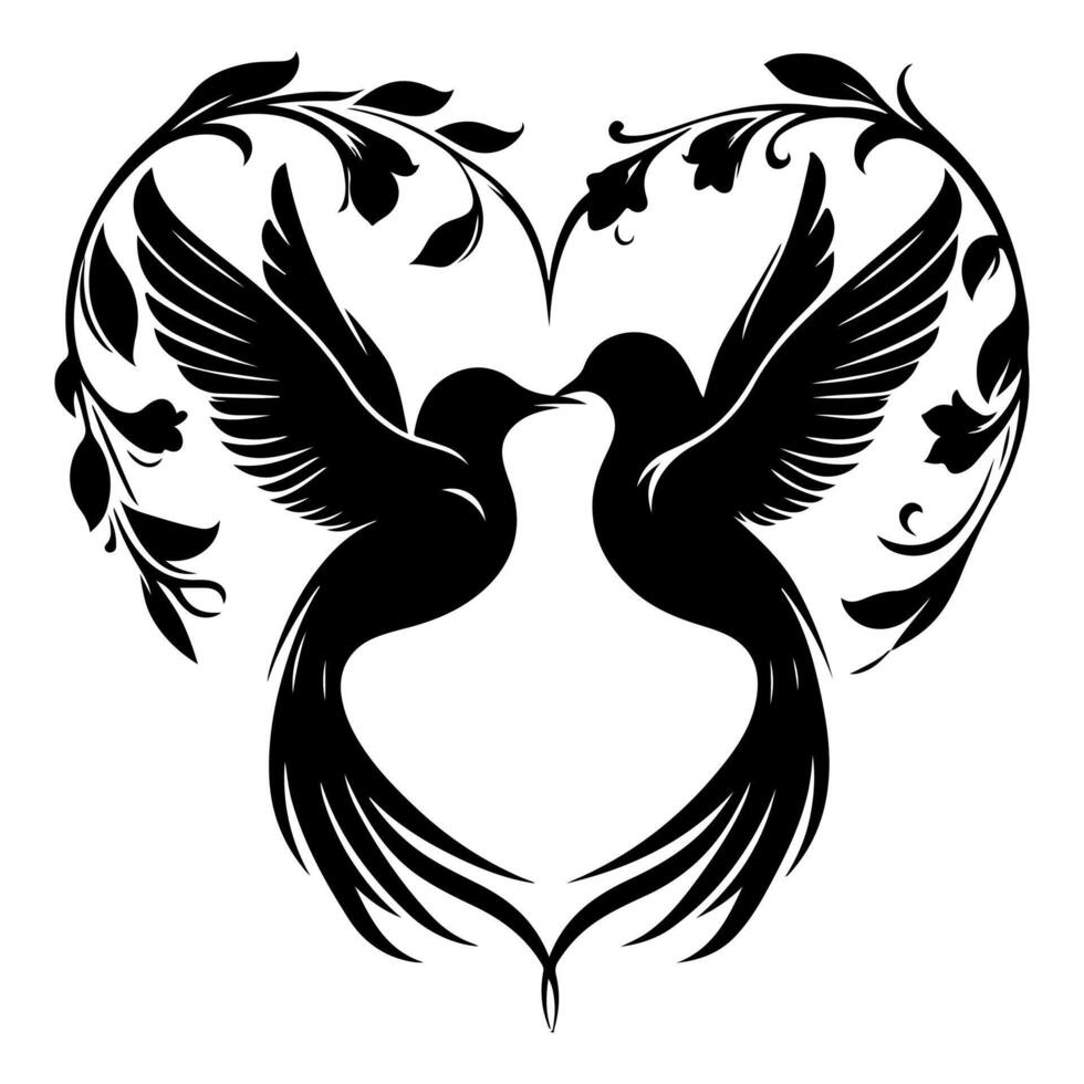 Birds fly to make a heart shape of love. hand drawing birth silhouette black outline art isolated on white background, vector illustration