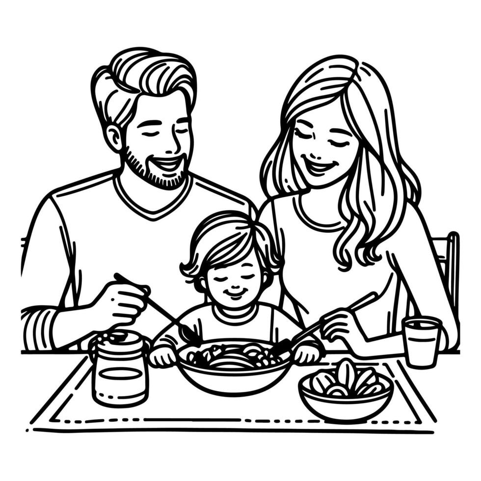 continuo uno negro línea Arte dibujo contento familia padre y madre con niño. teniendo cena sentado a mesa garabatos estilo vector ilustración en blanco antecedentes