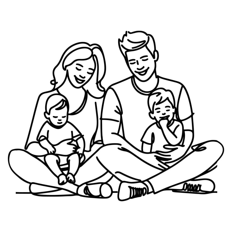 Continuous one black line art drawing happy family father and mother with child doodles style vector illustration on white