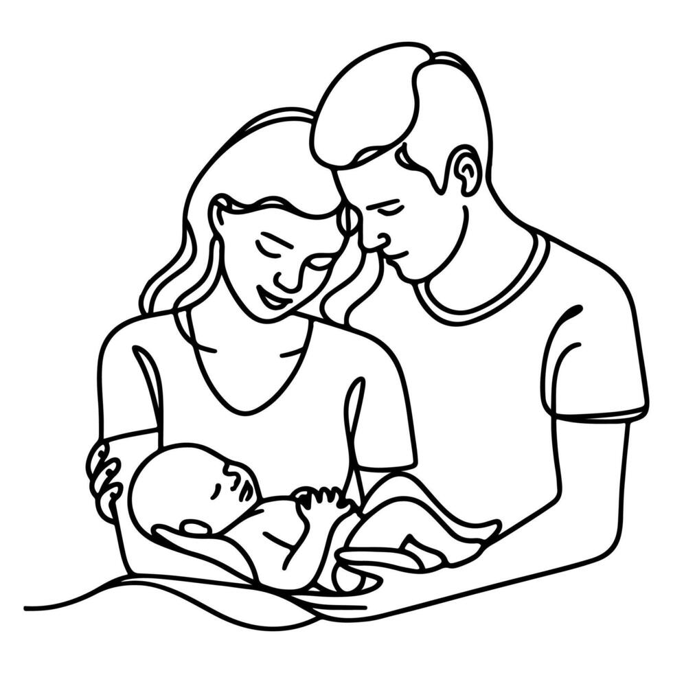 Continuous one black line art drawing parents with newborn baby doodles outline style vector illustration on white background