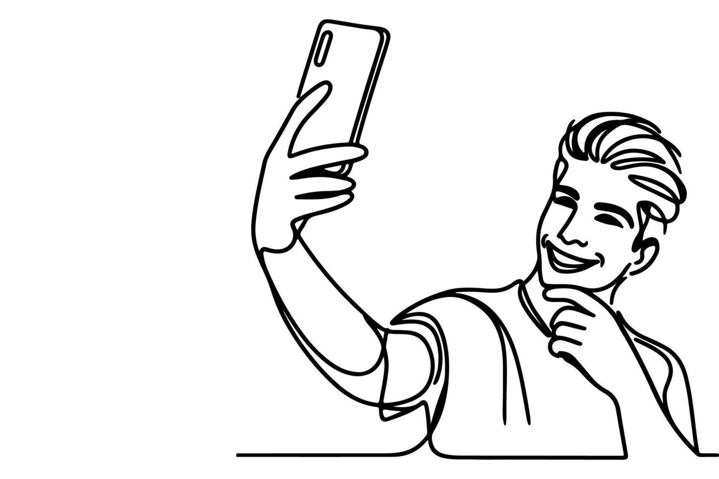 continuous one black line art drawing cheerful young man holding smartphone to taking acting selfie or video call through mobile phone outline doodle vector family travel concept