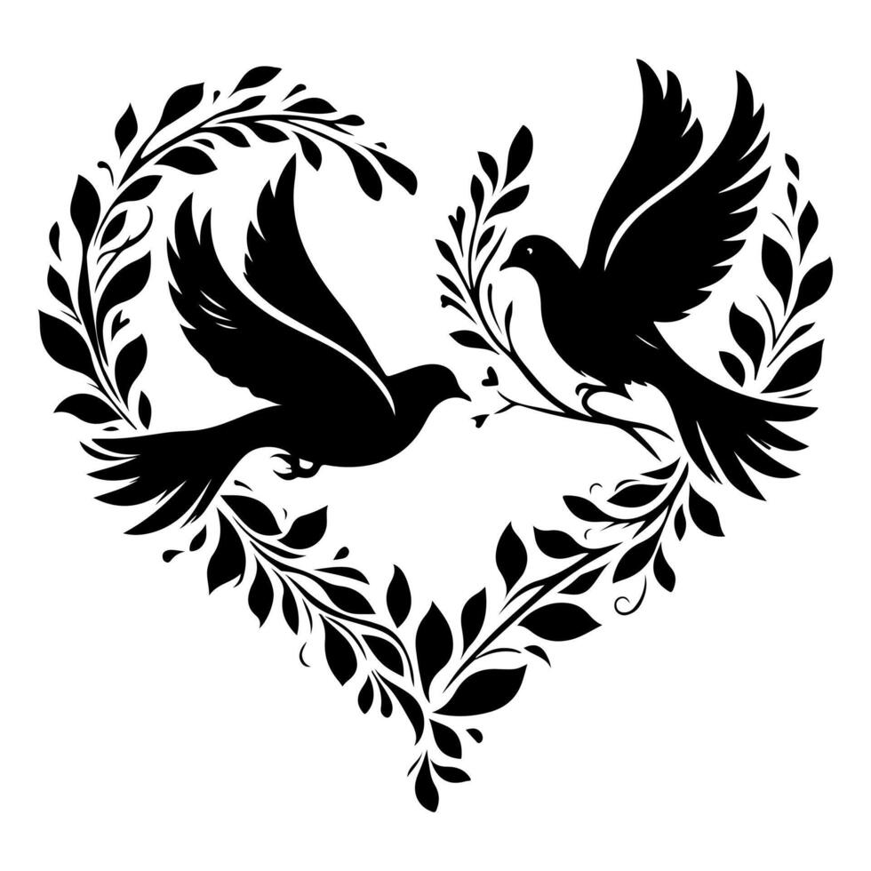 Birds fly to make a heart shape of love. hand drawing birth silhouette black outline art isolated on white background, vector illustration