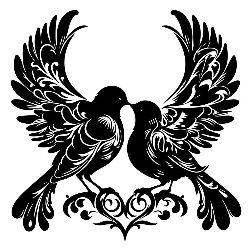 aves mosca a hacer un corazón forma de amor. mano dibujo nacimiento silueta negro contorno Arte aislado en blanco fondo, vector ilustración