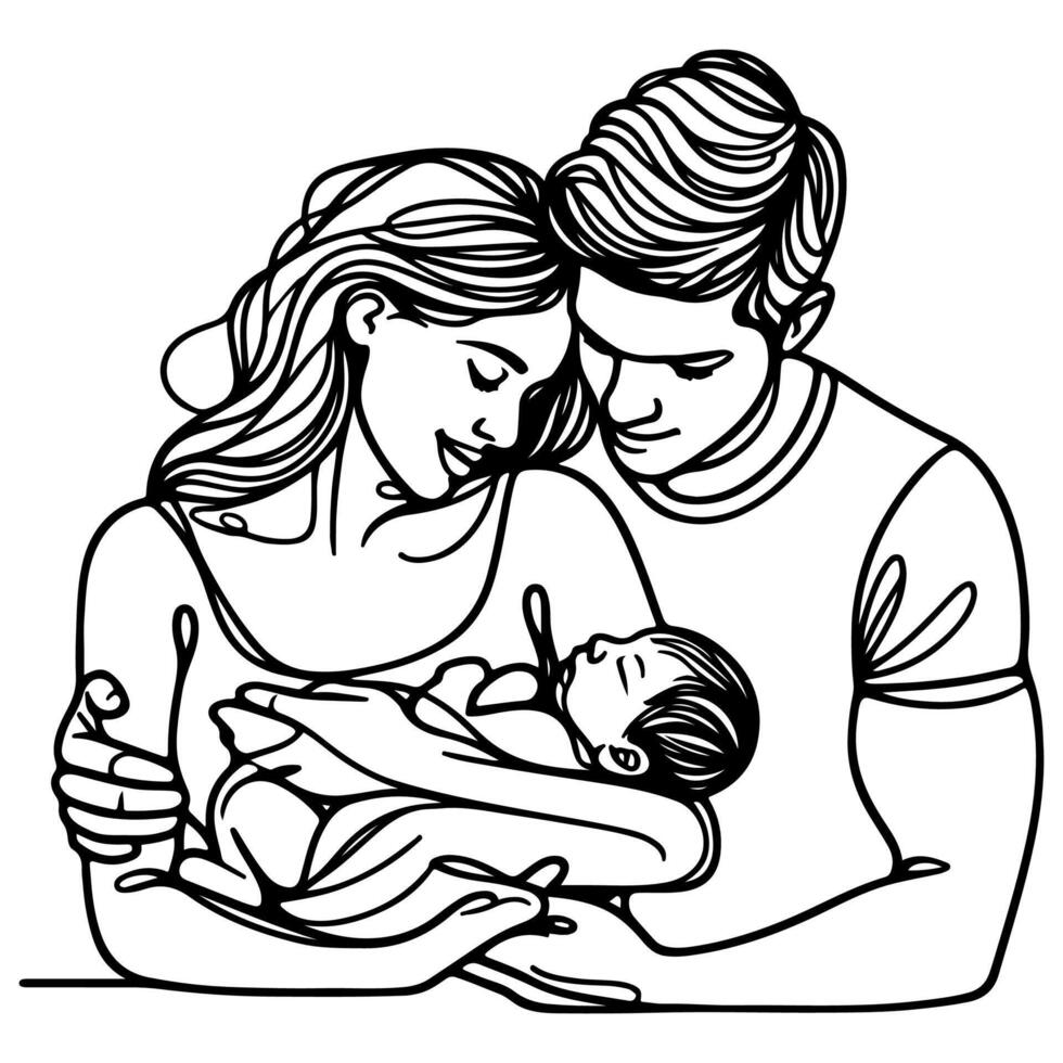 Continuous one black line art drawing parents with newborn baby doodles outline style vector illustration on white background