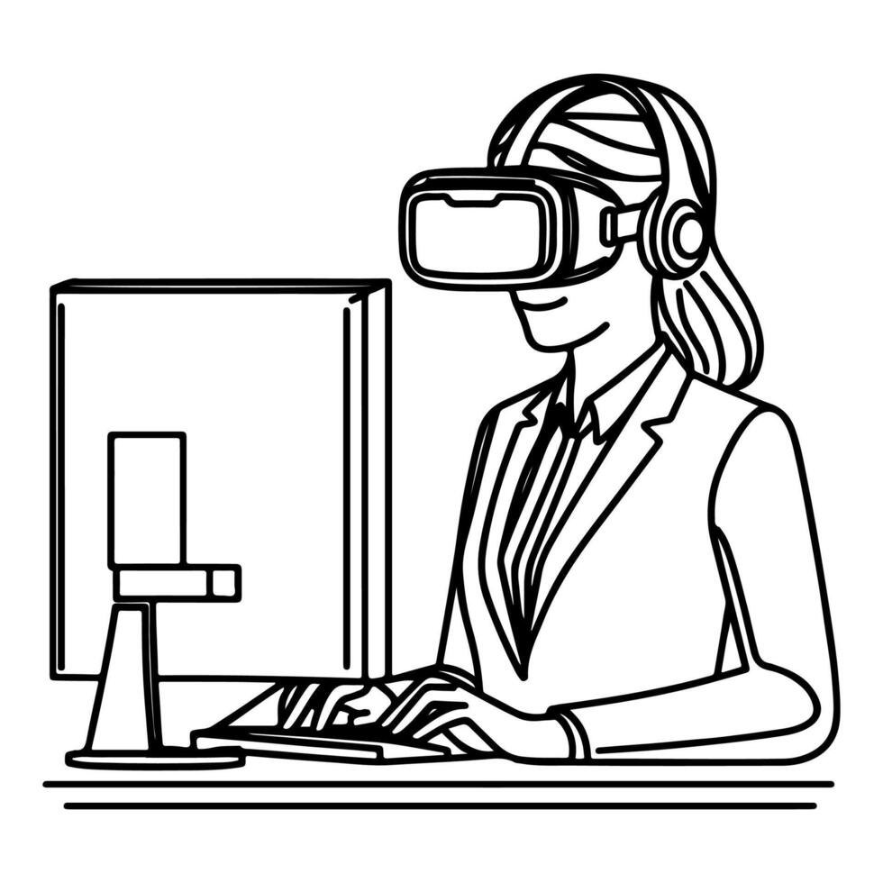 single continuous drawing black line art linear woman in office using virtual reality headset simulator glasses with computer doodle style sketch vector