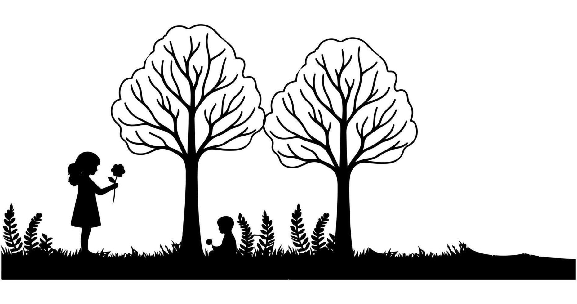 Continuous one black line art drawing Silhouette of children planting tree. Shovel digs roots plant into ground to save the world and earth day reduce global warming growth vector