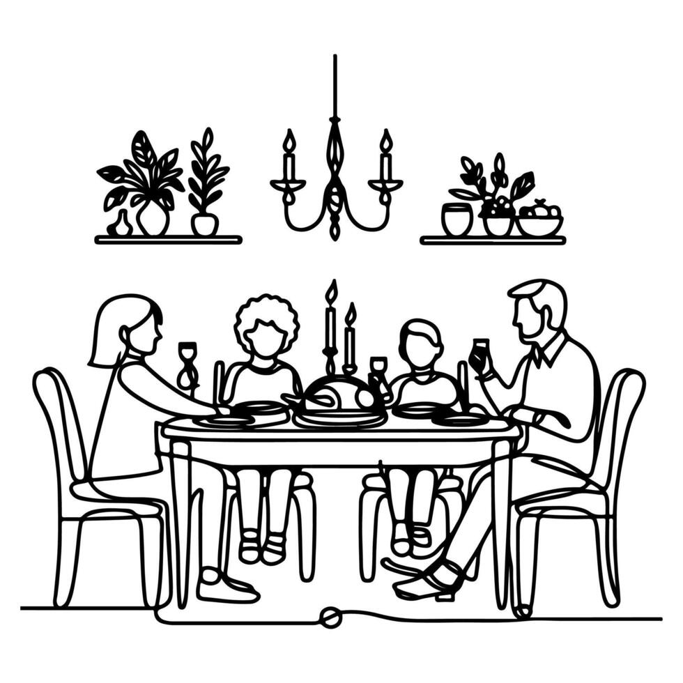 Continuous one black line art drawing happy family father and mother with child. having dinner sitting at table doodles style vector illustration on white background