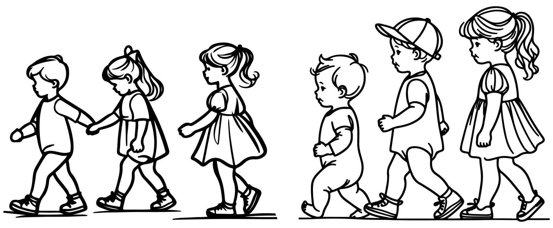 continuo uno negro línea Arte mano dibujo niño caminando garabatos contorno dibujos animados caracteres conjunto estilo colorante página vector ilustración en blanco antecedentes