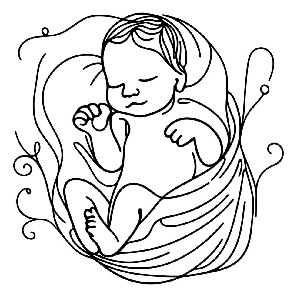 Continuous one black line art hand drawing newborn lying or sleeping doodles outline style vector illustration on white background