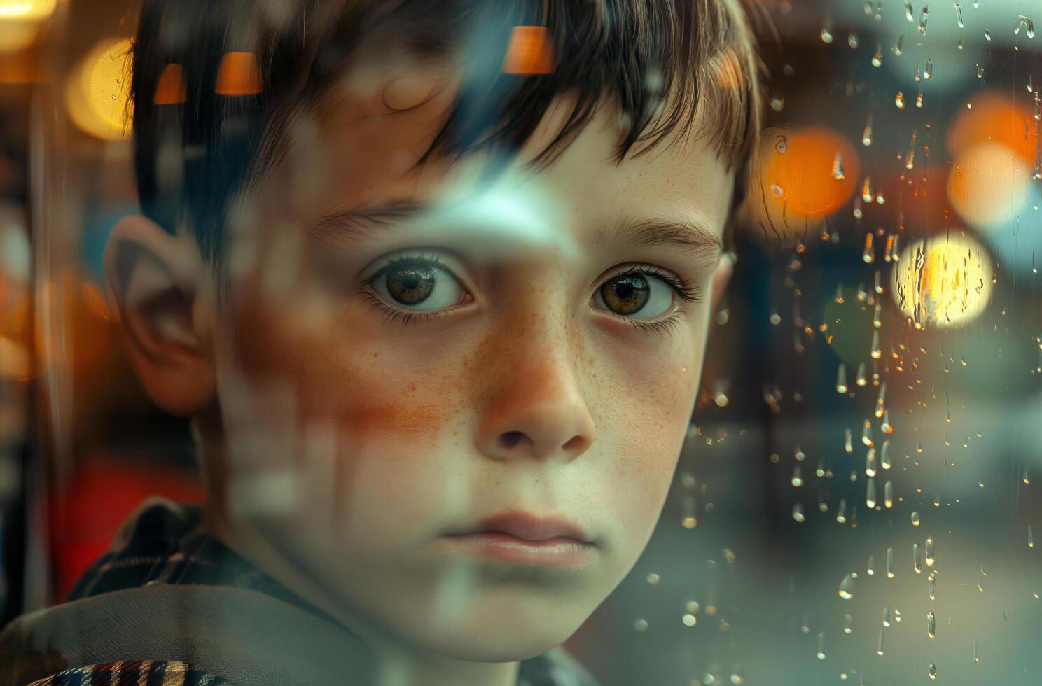 AI generated Boy with freckles at the window photo