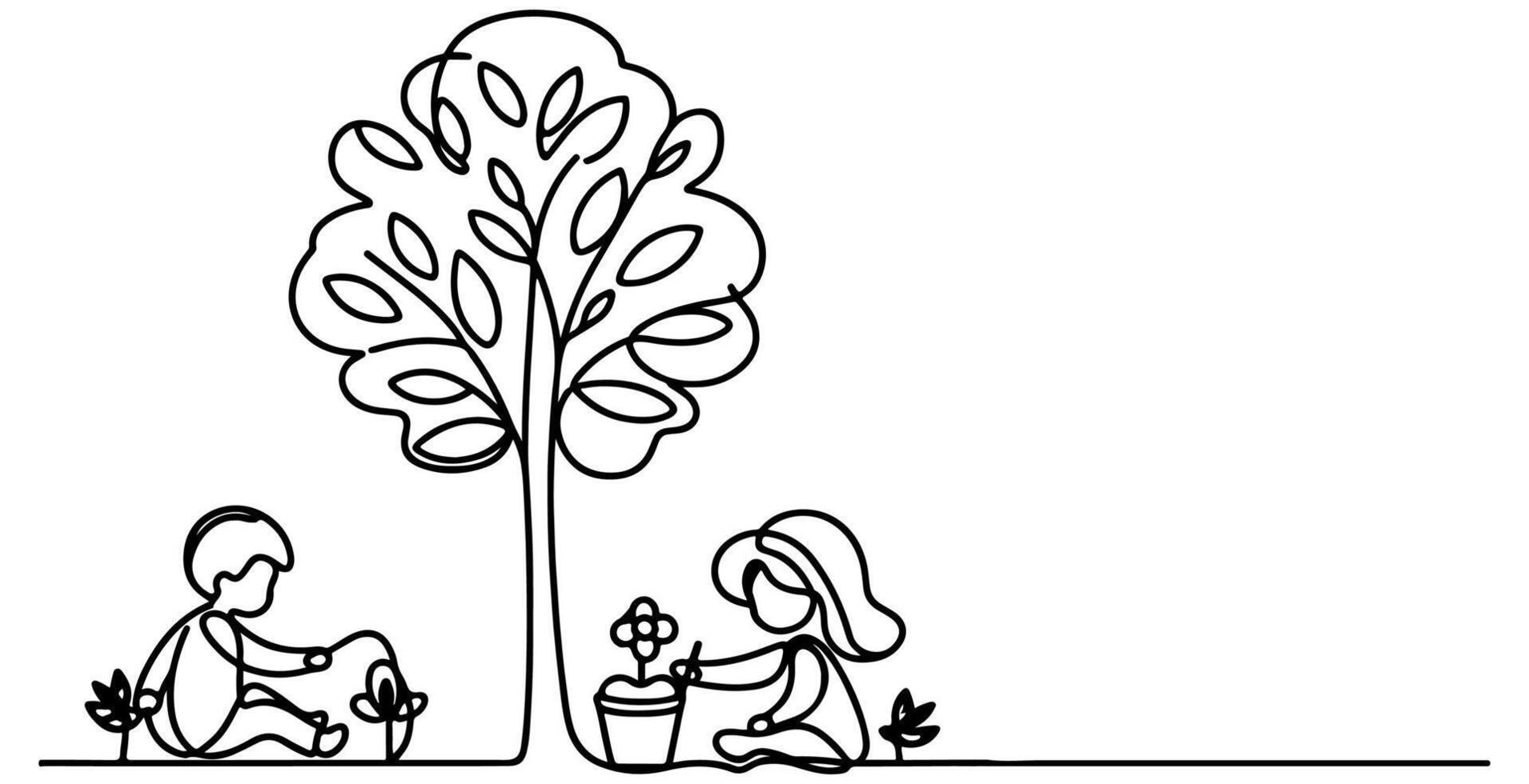 Continuous one black line art drawing Silhouette of children planting tree. Shovel digs roots plant into ground to save the world and earth day reduce global warming growth vector