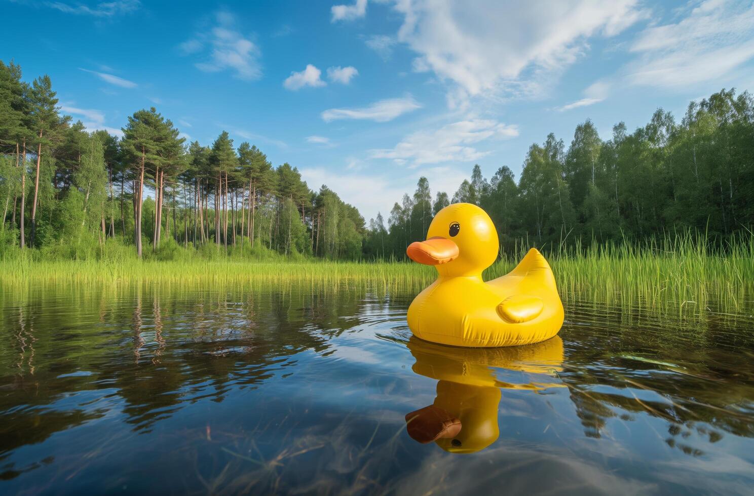 ai generado inflable Pato en bosque lago foto