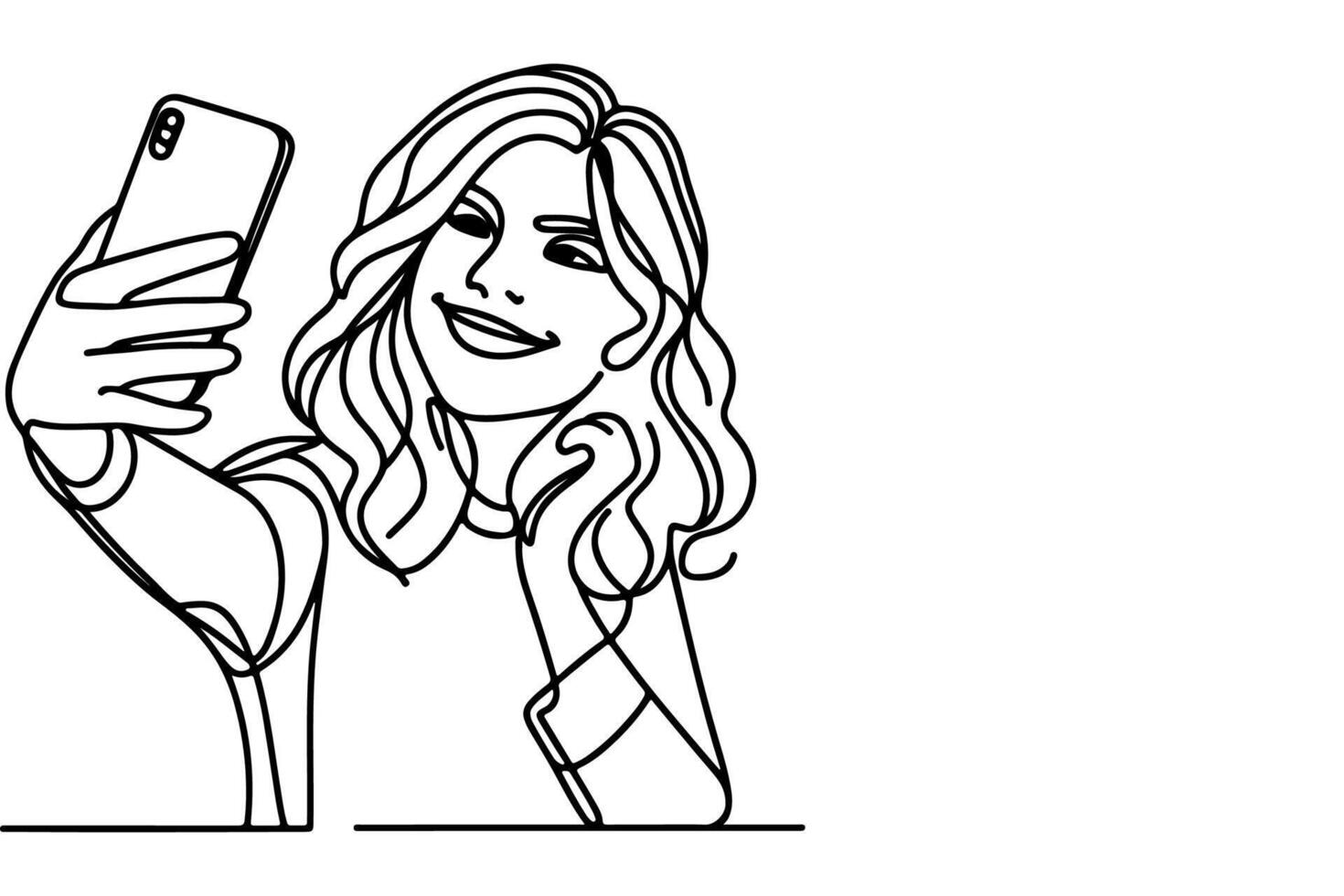 continuous one black line art drawing cheerful young girl holding smartphone to taking acting selfie or video call through mobile phone outline doodle vector family travel concept