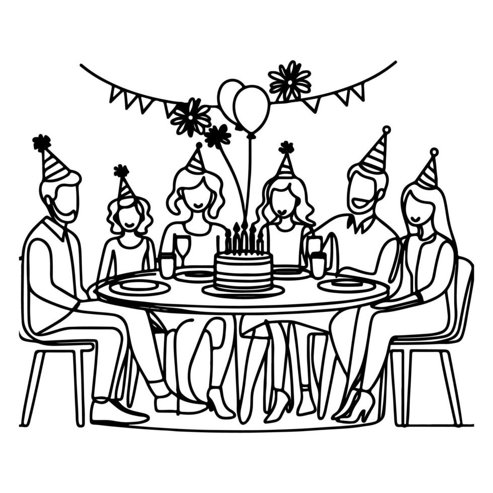 single continuous drawing black line family dinner sitting at table to celebration anniversary birthday party doodles vector